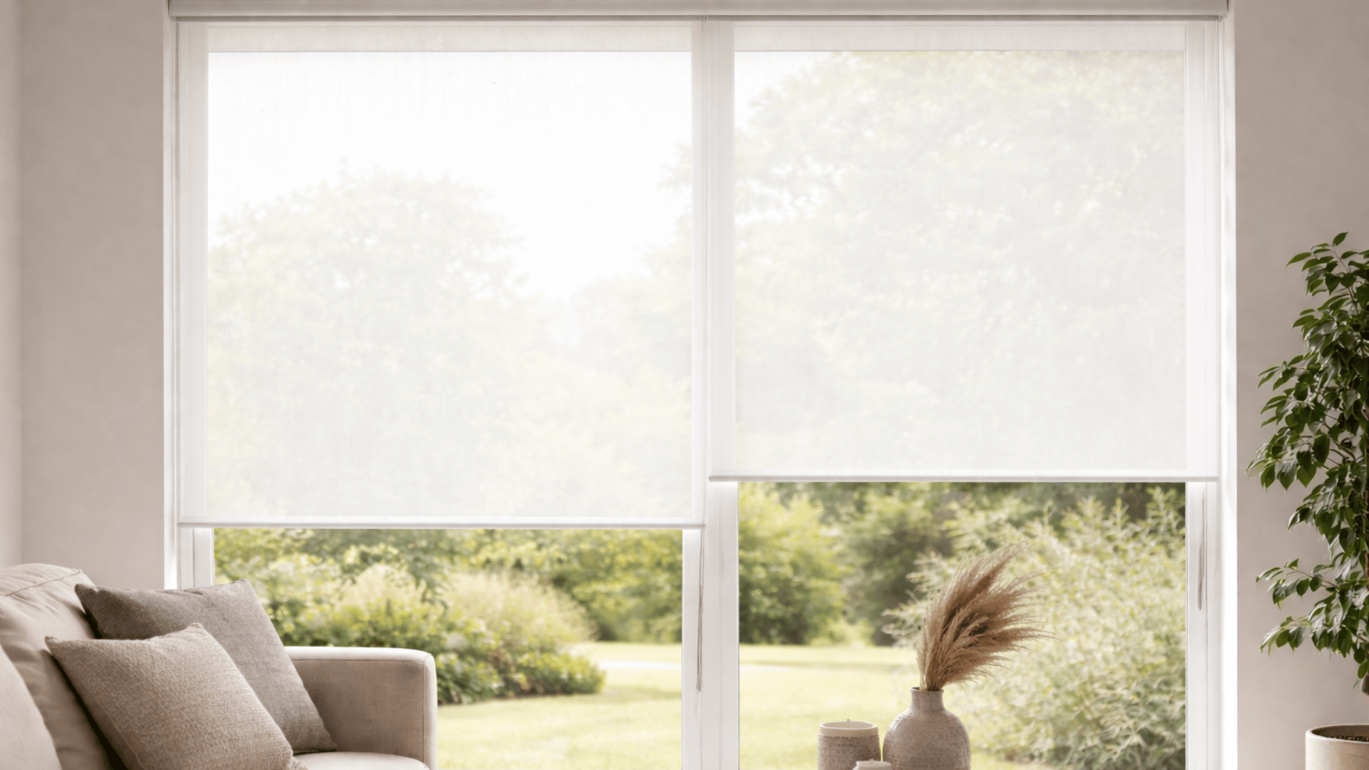 a cozy living room with sheer white blinds, a beige sofa, a wooden coffee table, and a green plant