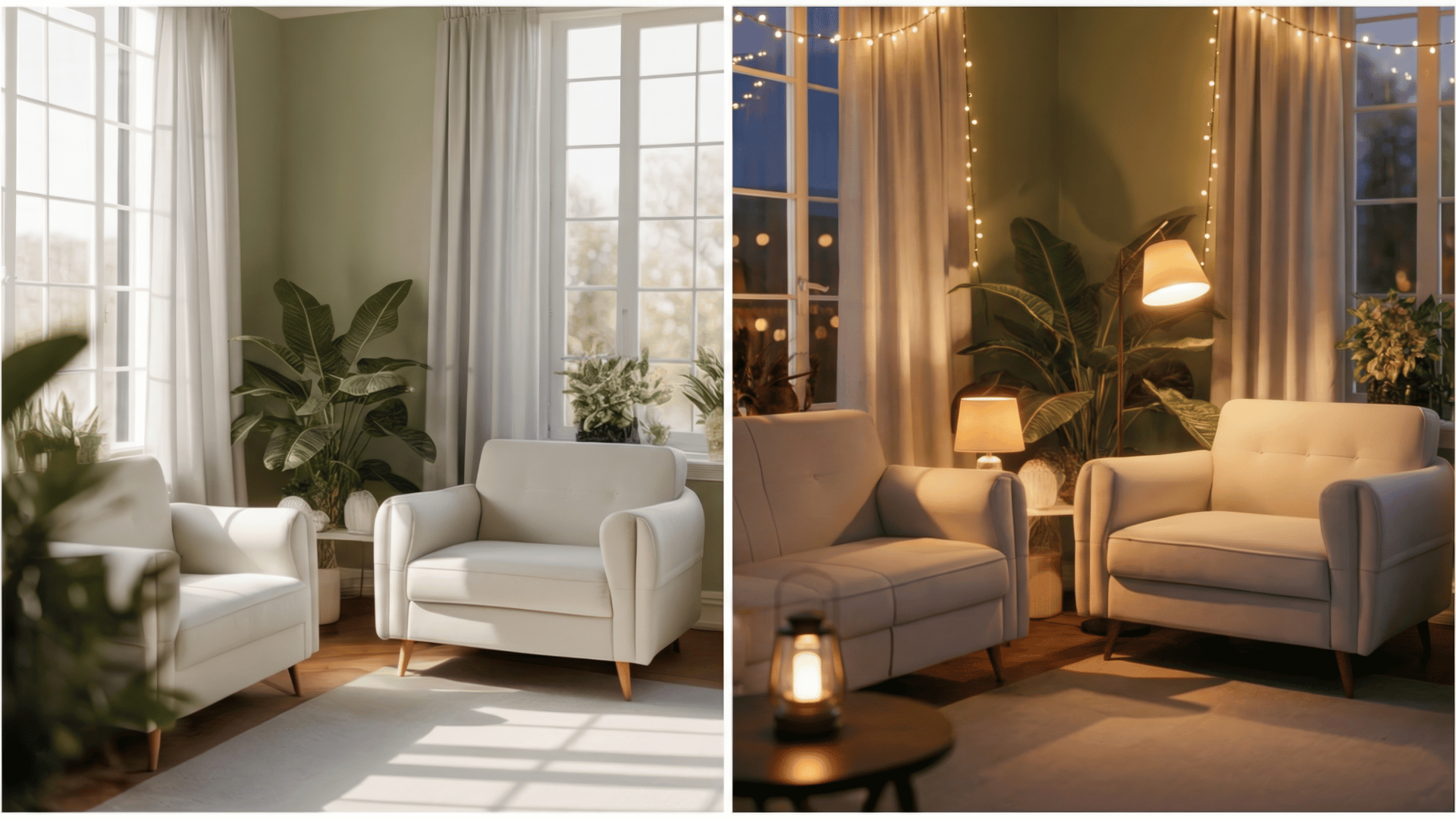a cozy living room with two white armchairs, natural light streaming in from windows on the left, and warm artificial lights on the right