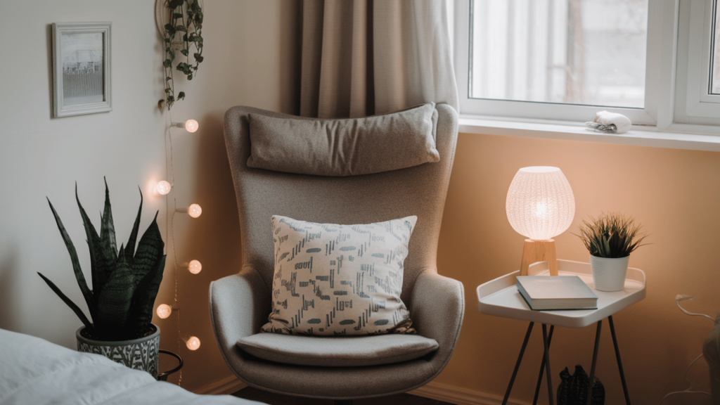 a cozy reading nook with a comfortable chair, small table, plants, and soft lighting in a compact bedroom