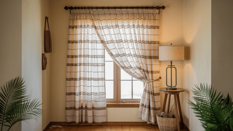 a cozy window with striped curtains, a table lamp, and plants, creating a warm and inviting atmosphere in a small bedroom
