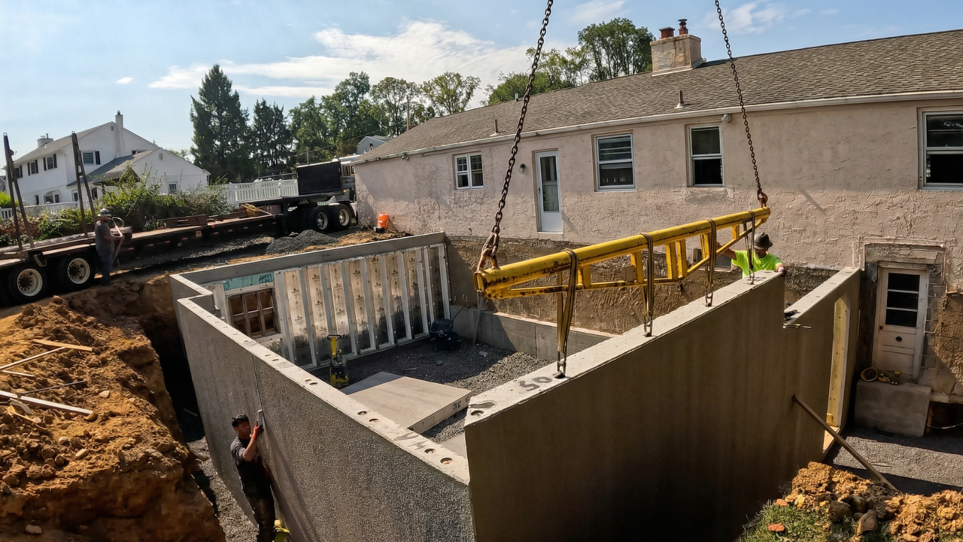 a crane lifting a precast concrete wall panel into place at a basement foundation construction site.