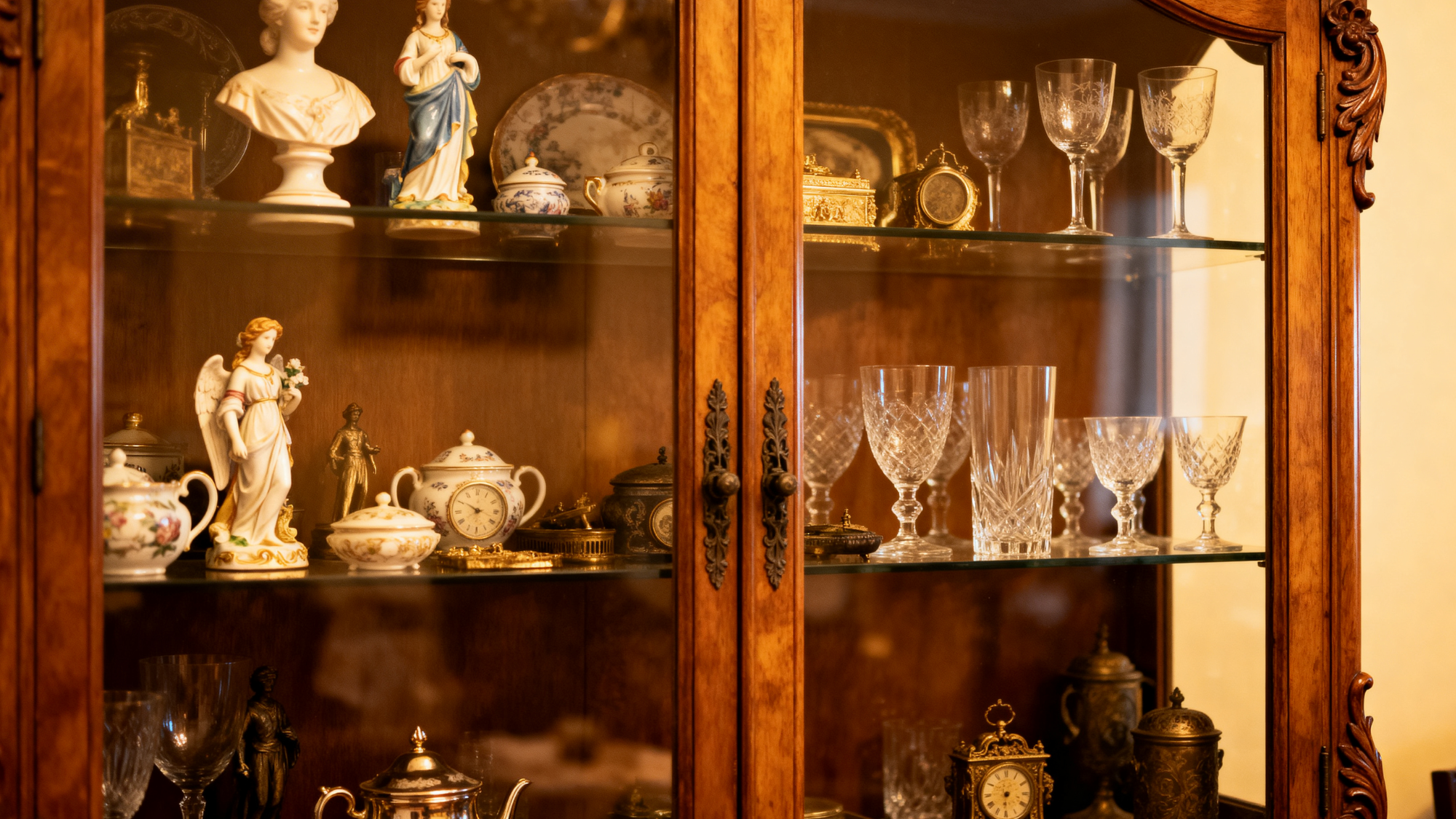 a curio cabinet filled with cutlery