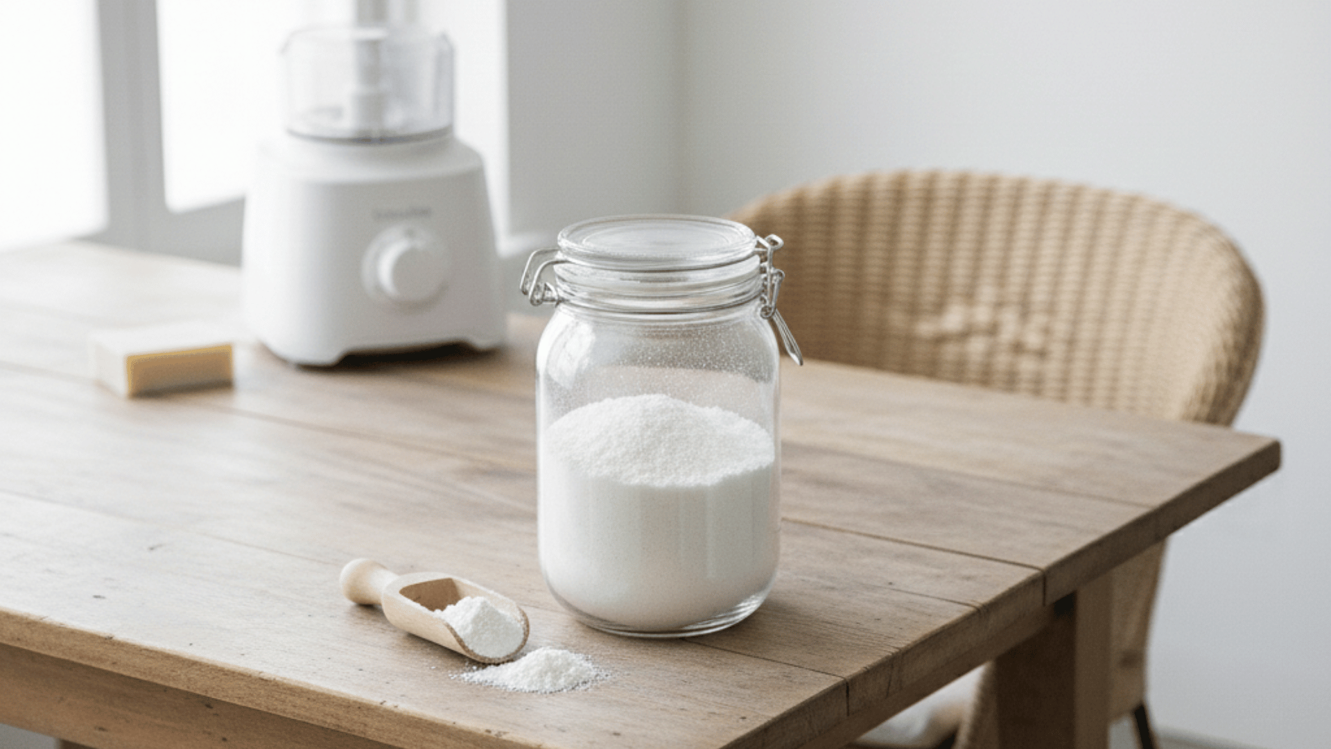 a glass jar of white laundry detergent sits on a wooden table with a small wooden scoop and a wicker chair in a bright room.