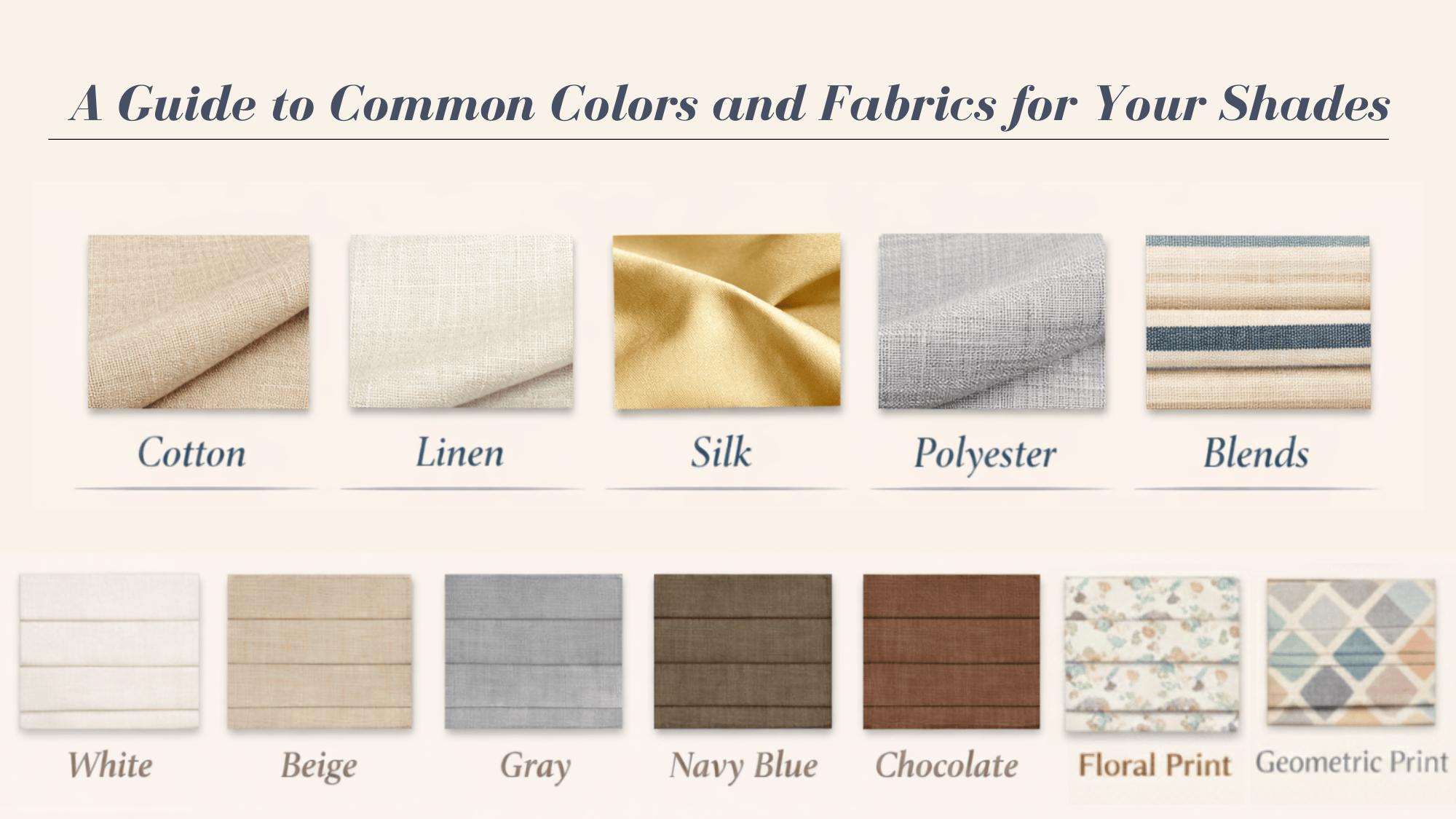 a guide to common fabrics and colors for shades, displaying fabric types like cotton, linen, silk, polyester, and blends, along with various colors and printed patterns