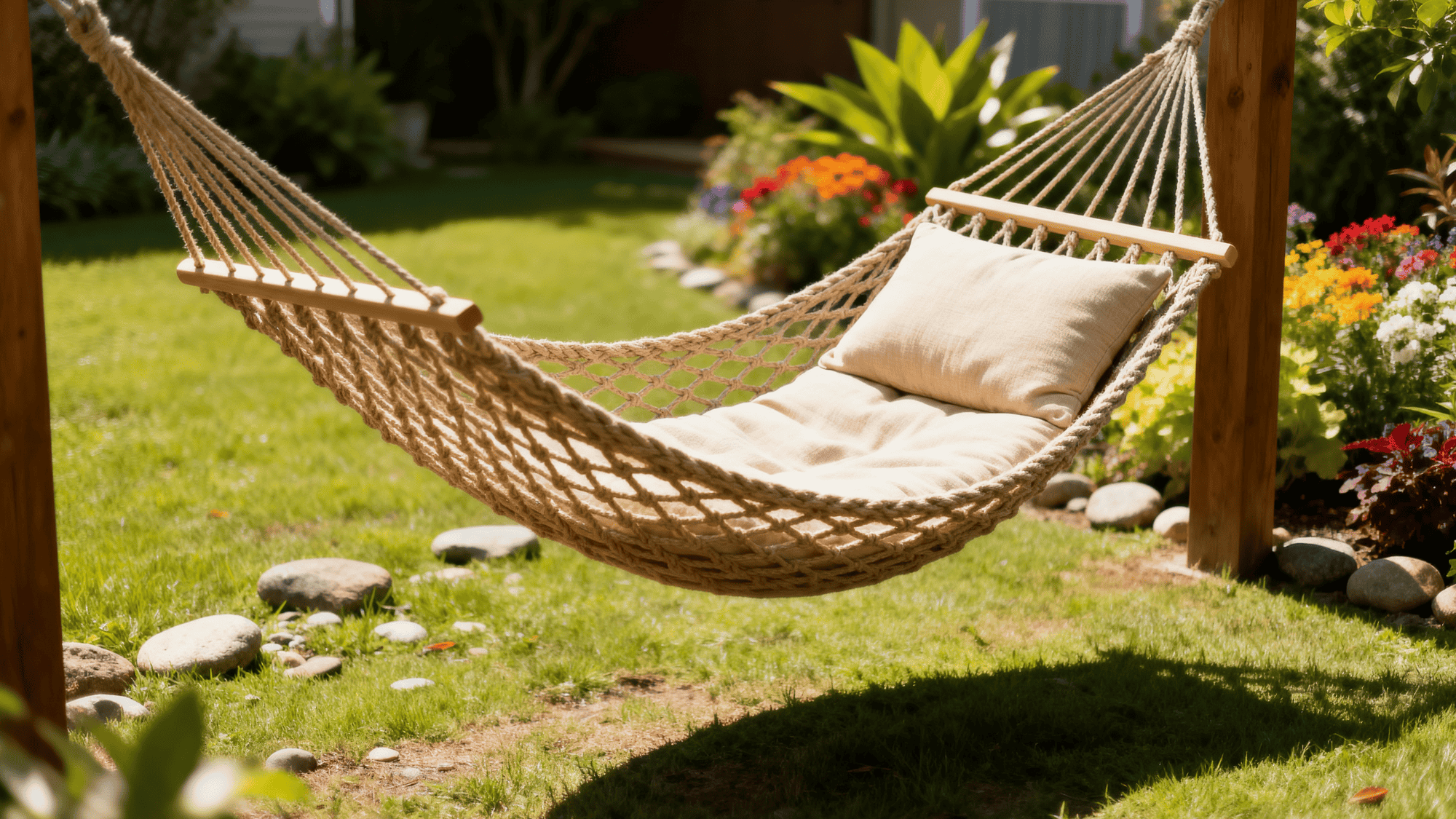 a hammock in a beautiful garden