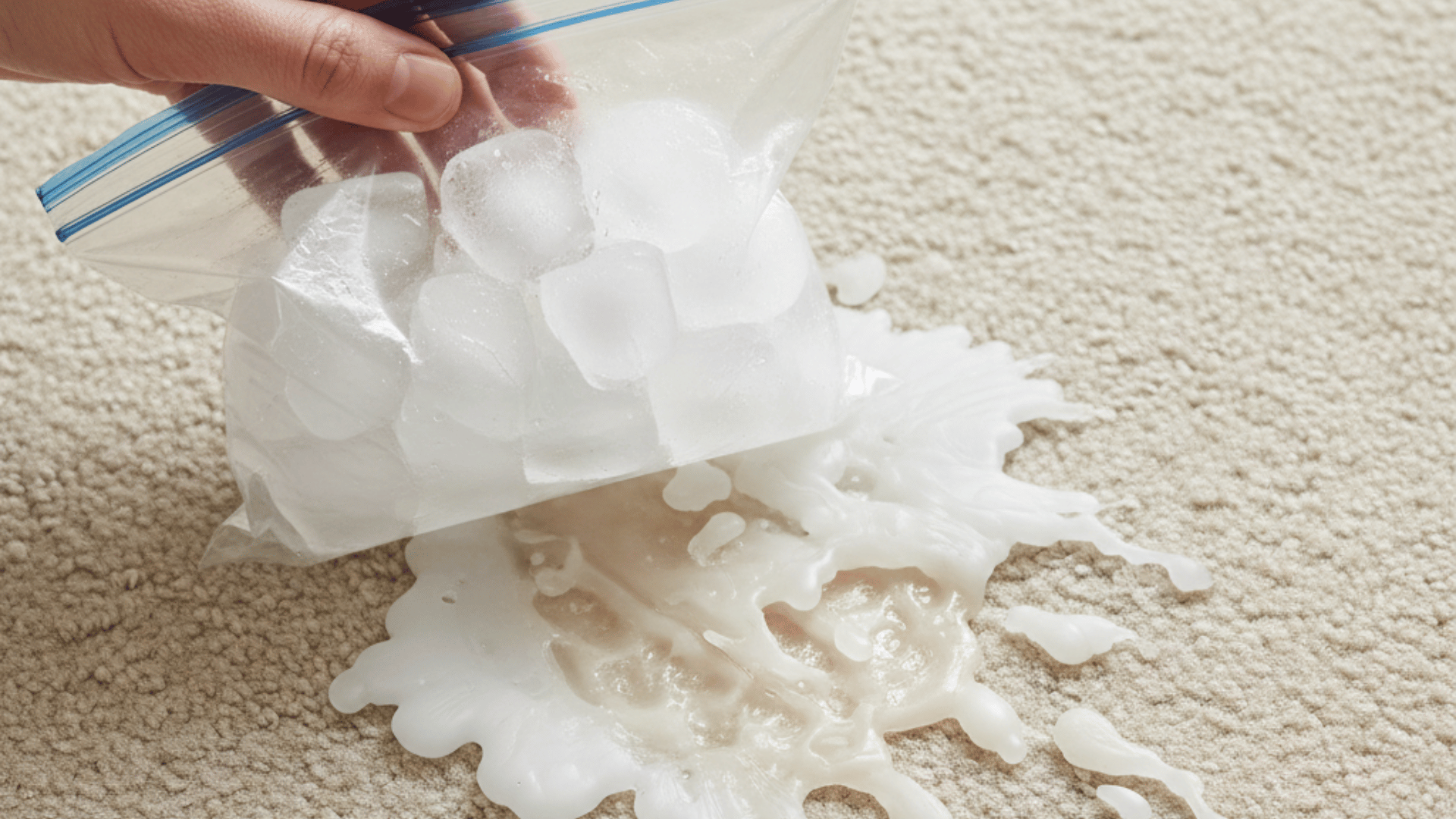 a hand holding a bag of ice cubes over a carpet with spilled wax, demonstrating the ice cube method for cleaning.