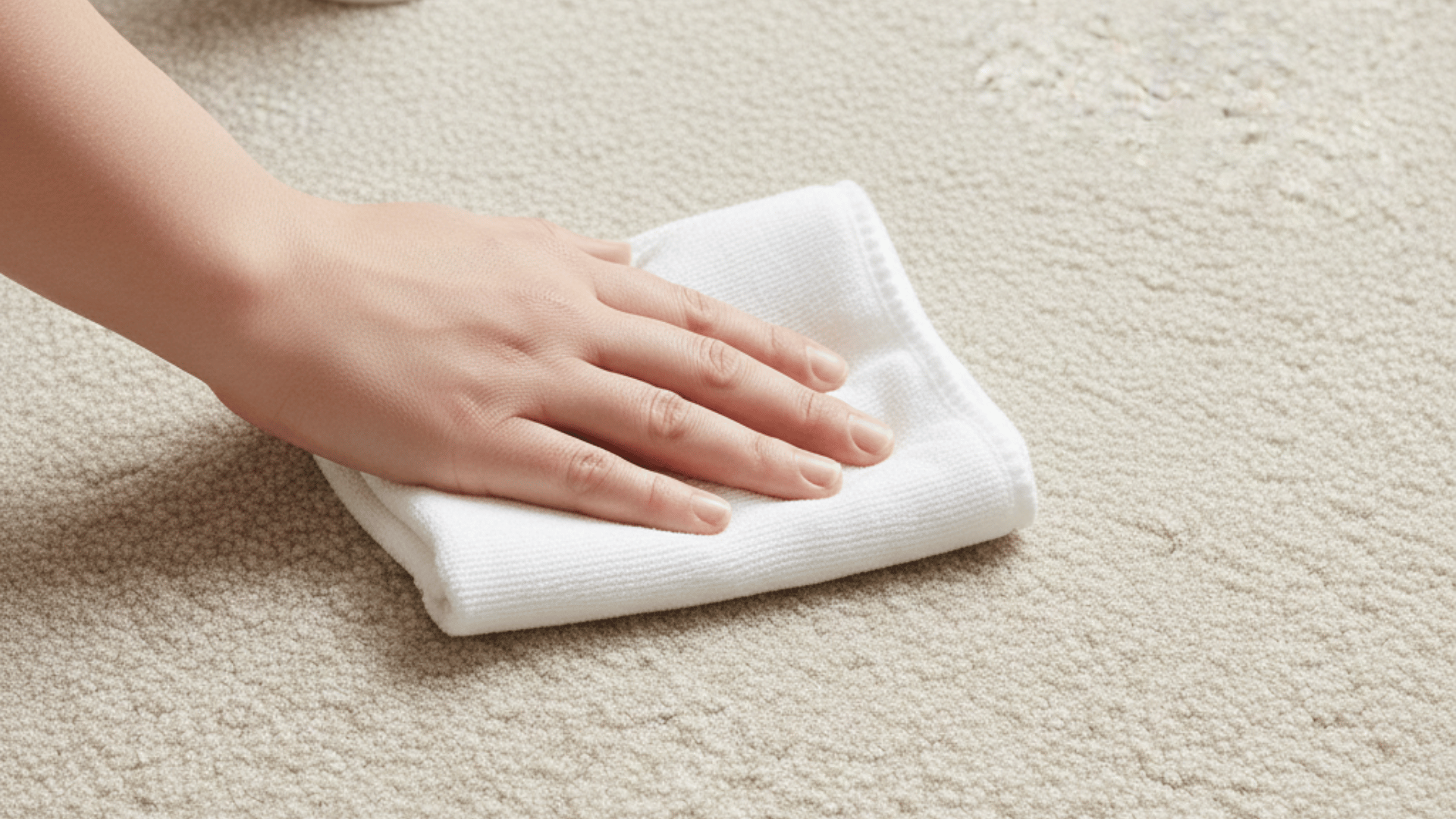a hand using a white cloth to blot a carpet stain, with a bottle of carpet cleaner nearby.