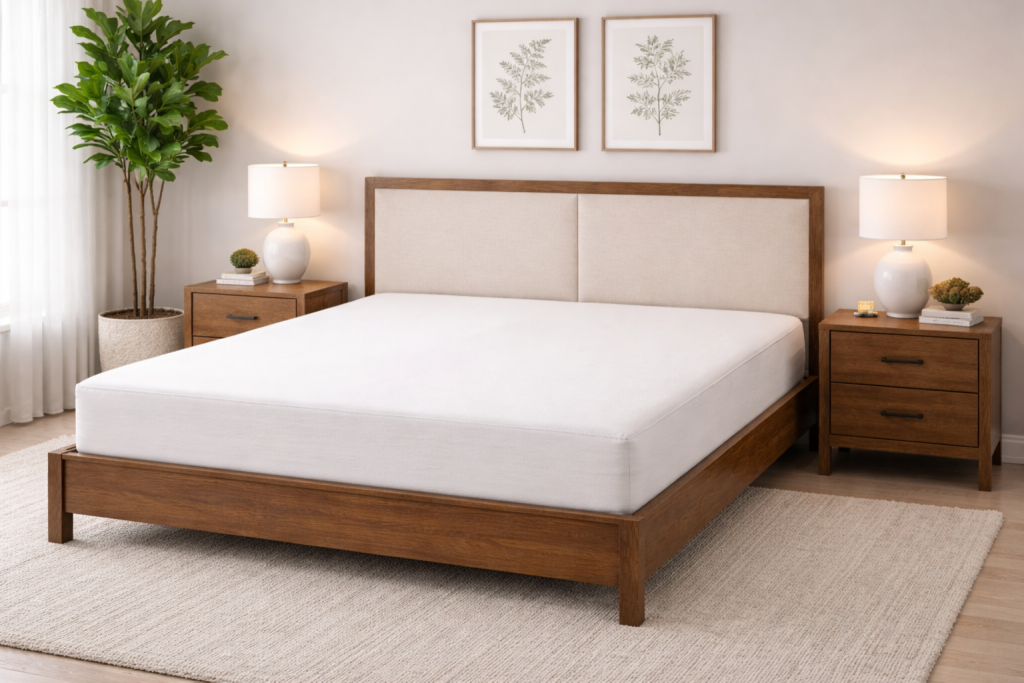a king-size mattress on a wooden bed frame with beige upholstery, complemented by matching nightstands and natural light in a serene bedroom setting