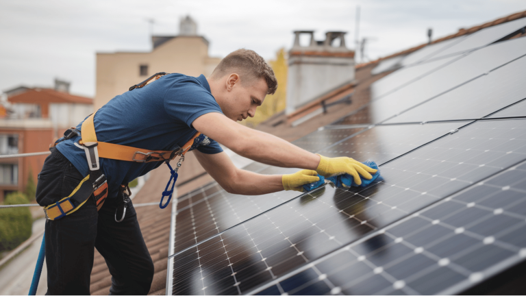 a man wearing work clothes and gloves cleans rooftop solar panels using a long-handled brush and soapy water during a bright, clear day without direct sun glare.