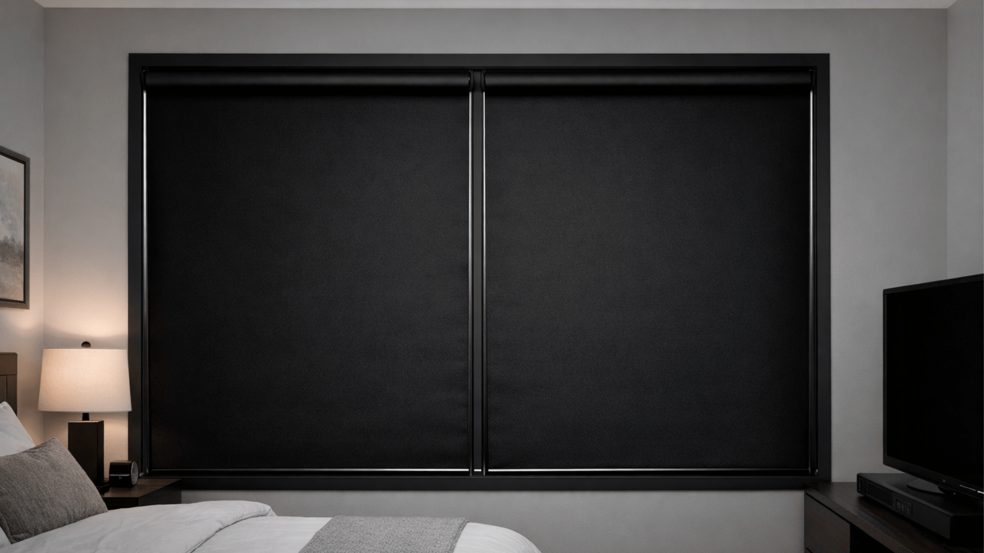 a modern bedroom featuring thick blackout blinds that block out sunlight, creating a dark, cozy space with minimalistic decor