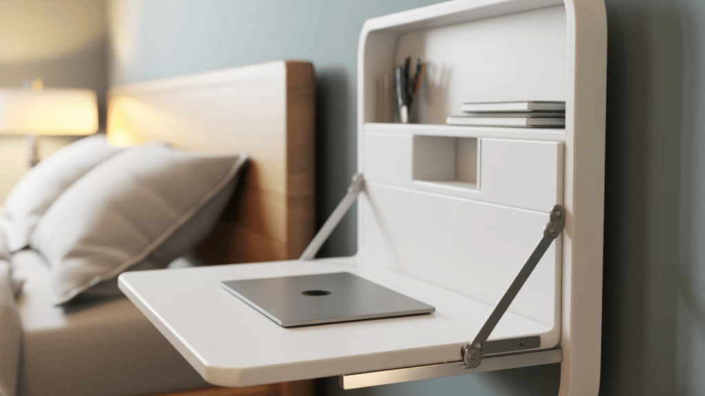 a modern foldable desk attached to the wall in a small bedroom, with minimal clutter and a comfortable chair