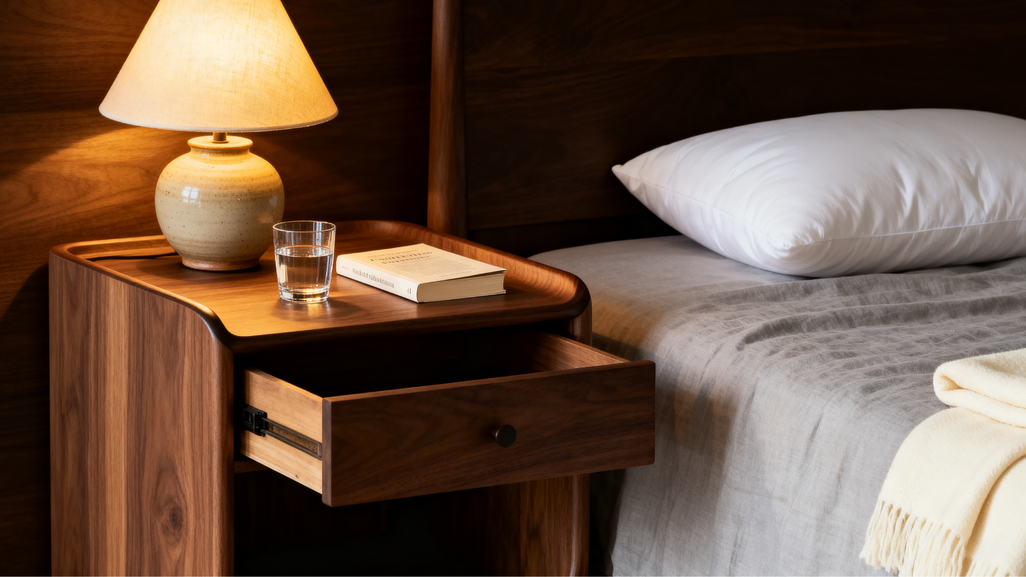 a nightstand next to a bed in a bright room