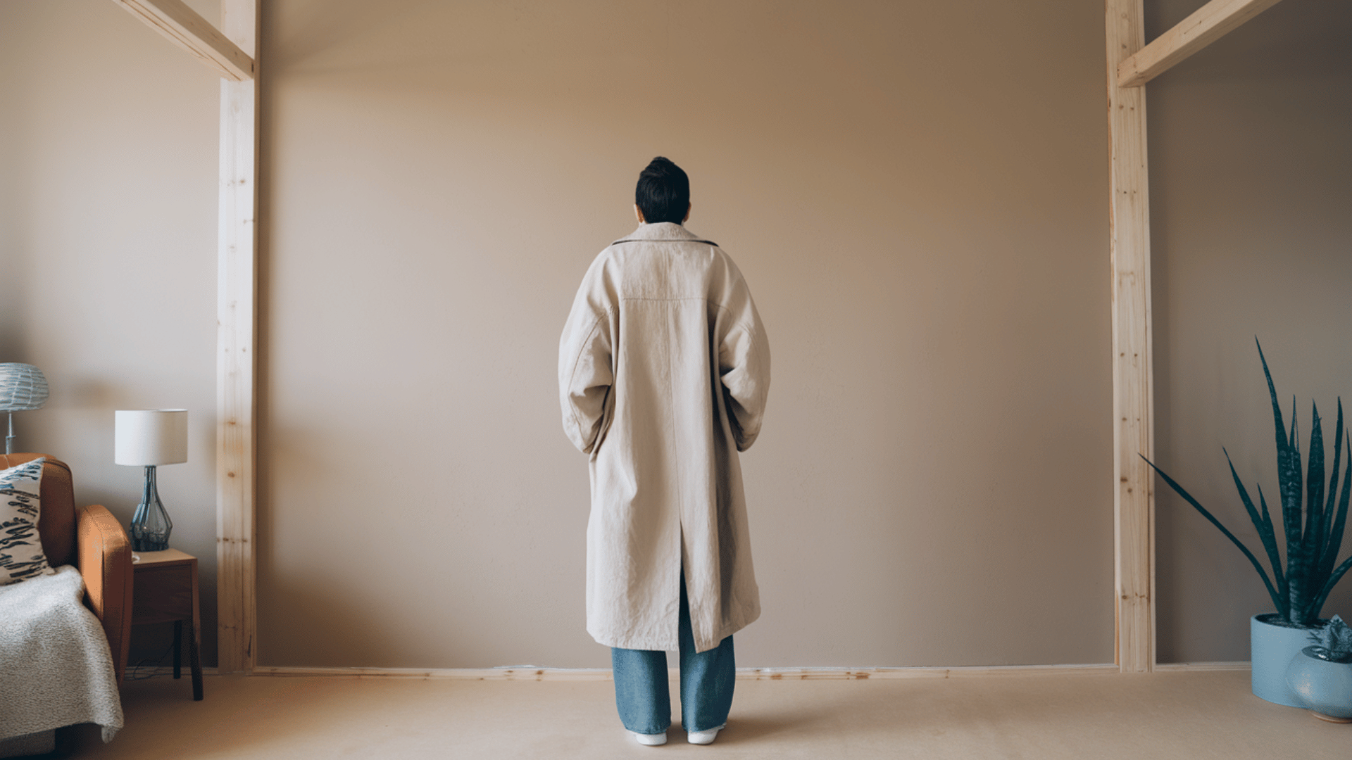 a person in a beige coat standing against a neutral, beige wall with a simple modern interior and plant decoration