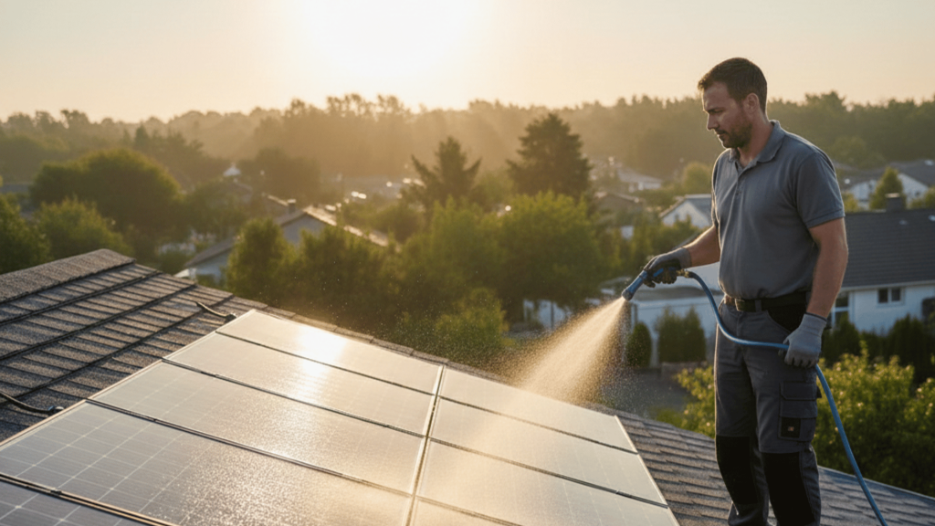 a person in white sneakers stands on a dark shingle roof, using a blue hose nozzle to spray water onto a row of solar panels. (1)
