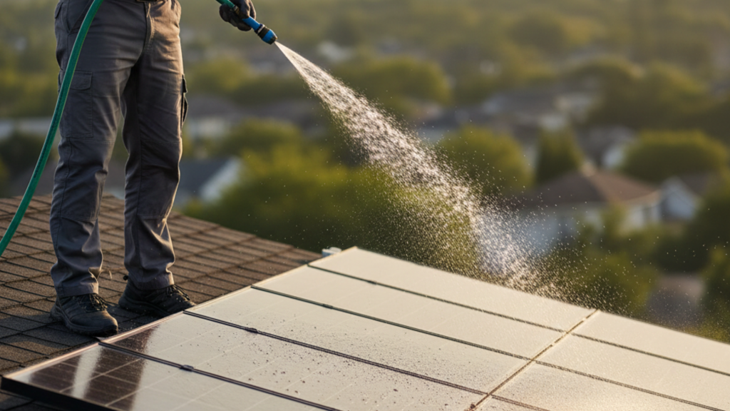 a person standing on a shingle roof uses a green garden hose to spray a gentle stream of water onto a row of solar panels.
