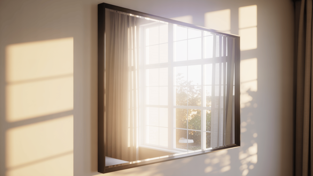 a rectangular mirror reflecting a bright window with sunlight casting shadows on the wall in a clean, minimalist room