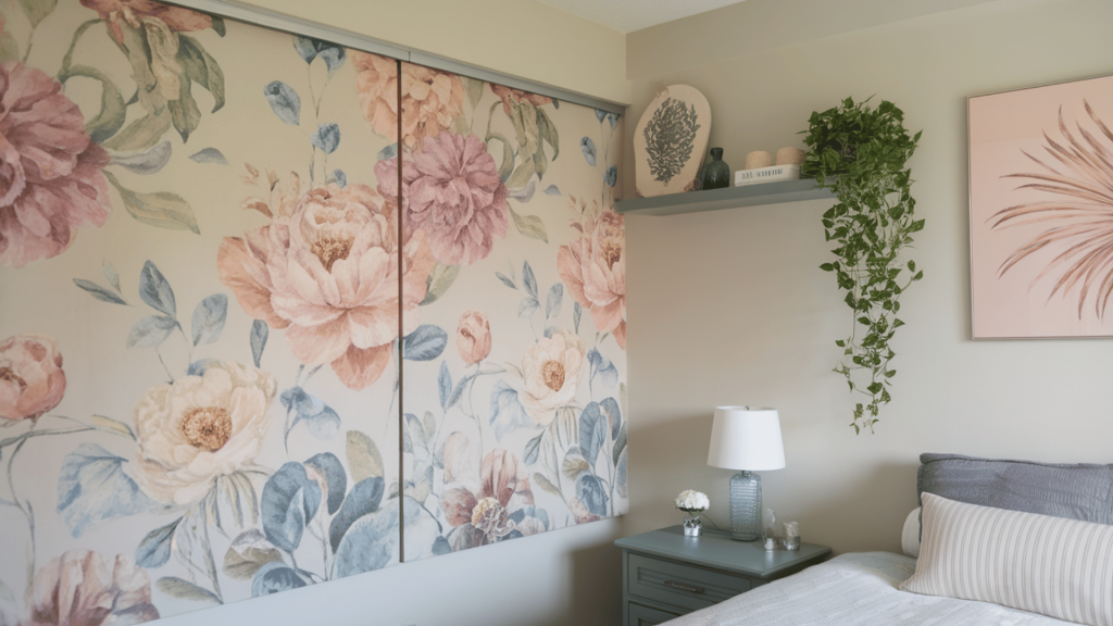 a small bedroom featuring dual-purpose furniture, including a combined desk and vanity for a space-saving solution