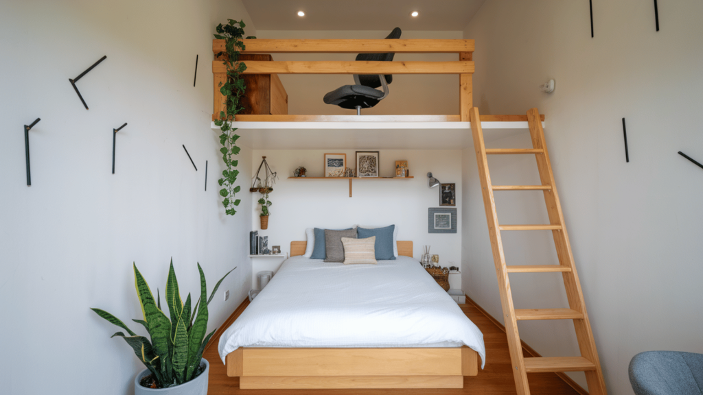 a small bedroom with a lofted bed design, creating additional space underneath for storage and work areas