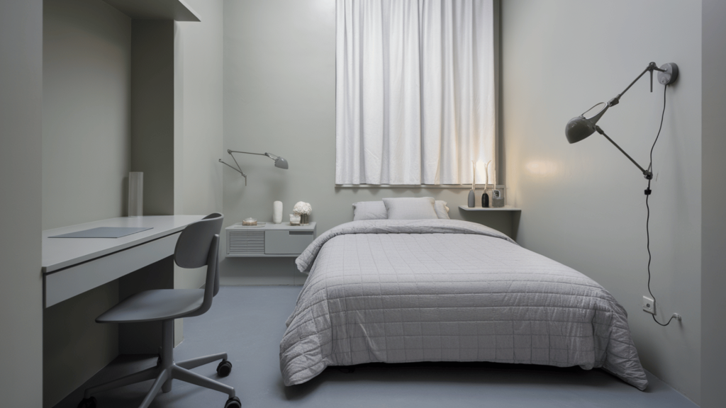 a small bedroom with a monochromatic color scheme, featuring light tones and minimalistic furniture for a spacious feel