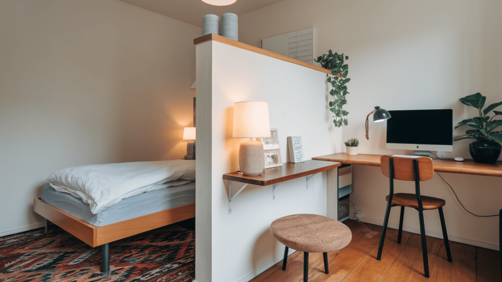 a small bedroom with a partition dividing the sleeping area from a compact desk and work area with plants and framed photos