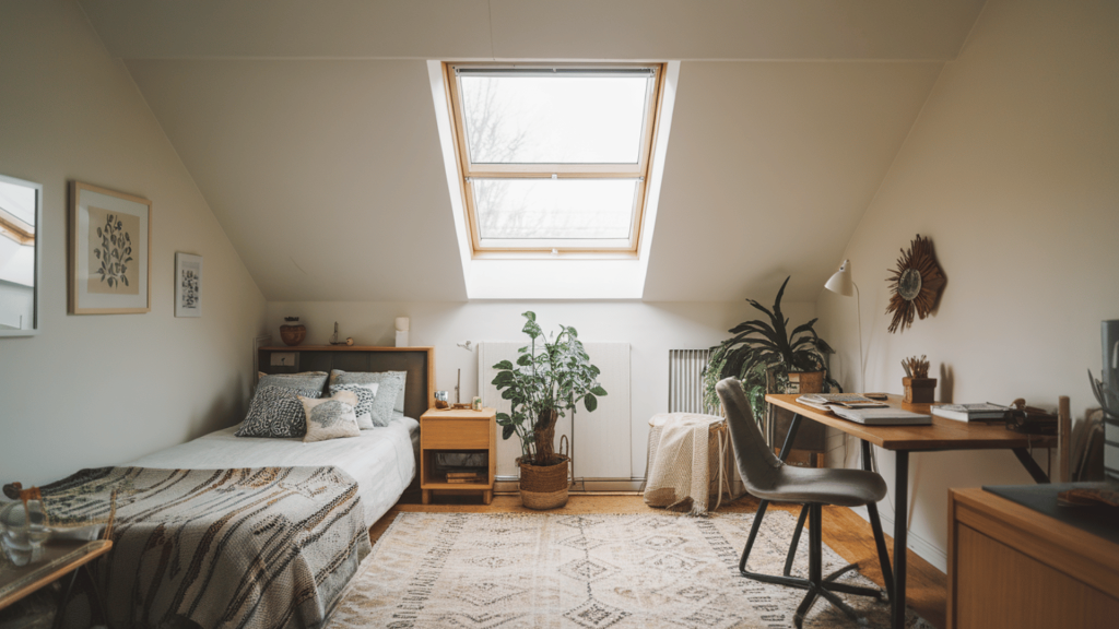 a small bedroom with a skylight above the bed, allowing natural light to brighten the space and create an open feel