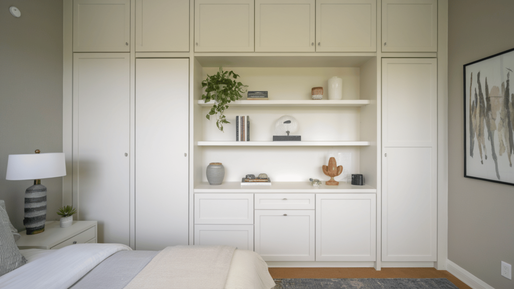 a small bedroom with built-in storage cabinets, open shelves, and decorative plants, creating a minimalist, organized look (1)