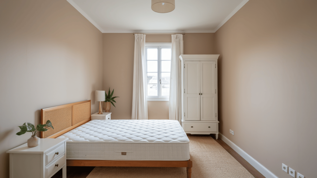a small neutral-toned bedroom with a bed, decorative plants, and soft lighting