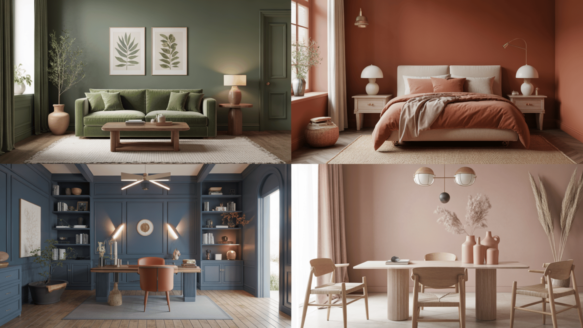 a sophisticated collage of various living room designs with different shades of green, red, and blue for a vibrant feel