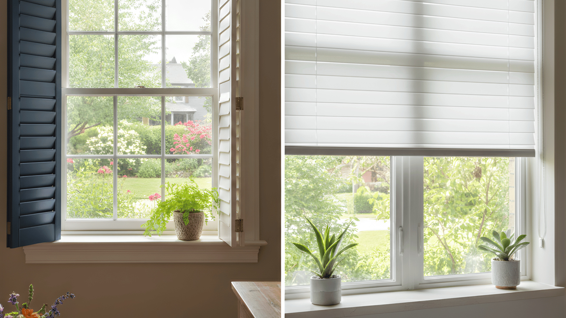 a split image showing a blue shutter with a garden view and a white blind with plants on the windowsill and a green outdoor view.