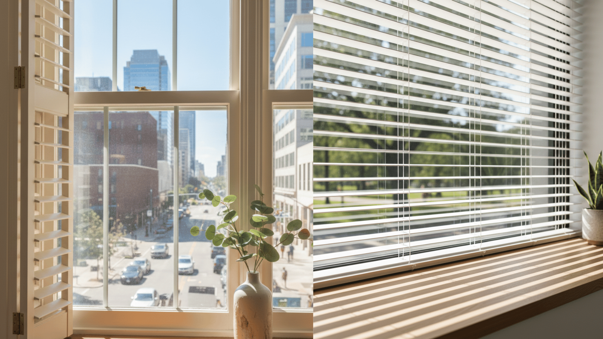 a split image showing white shutters on the left with a city view and white horizontal blinds on the right, with sunlight and a park view.