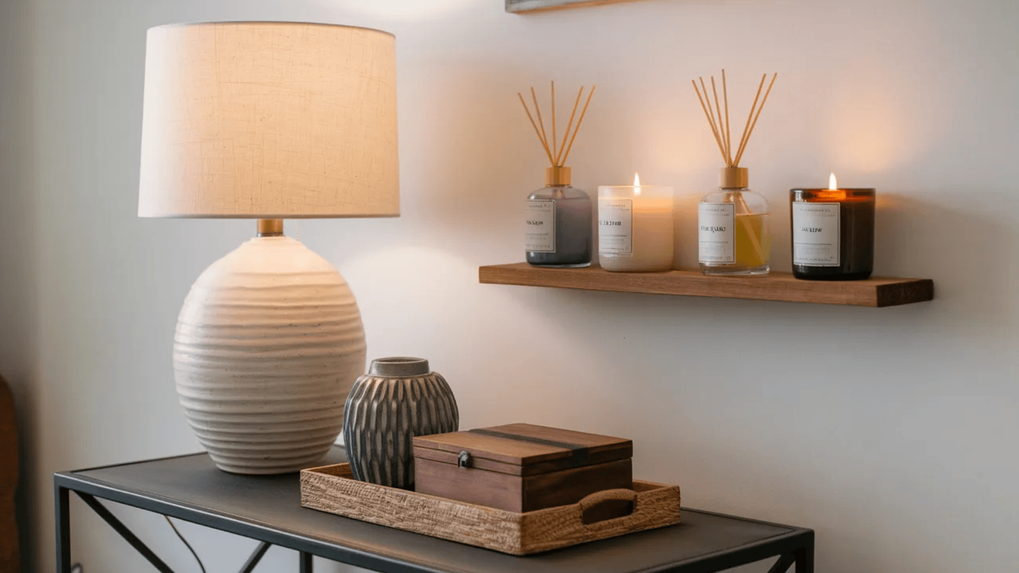 a stylish table with a lamp, decorative vase, wooden box, and a shelf displaying three scented candles with reed diffusers