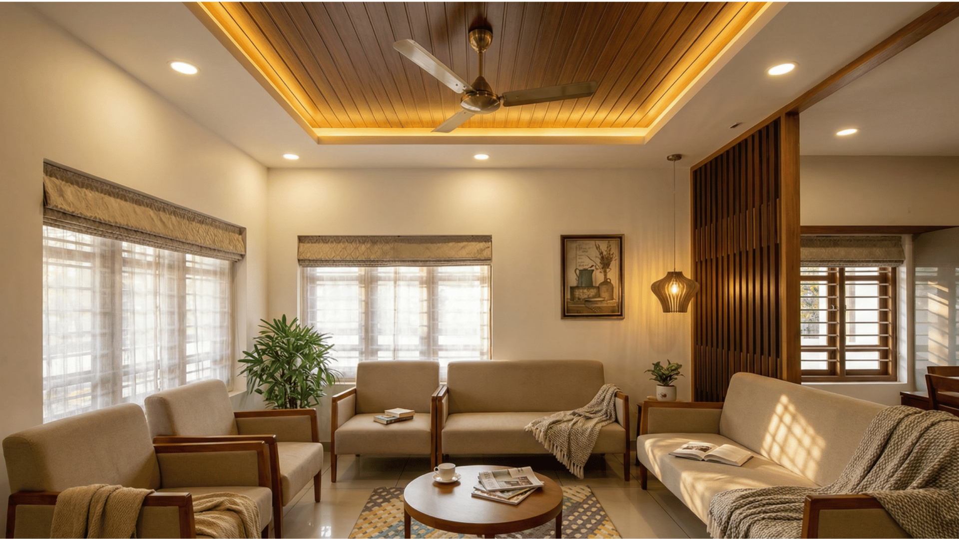 a warm modern living room with beige sofas, a wooden tray ceiling with a gold fan, and soft cove lighting throughout.