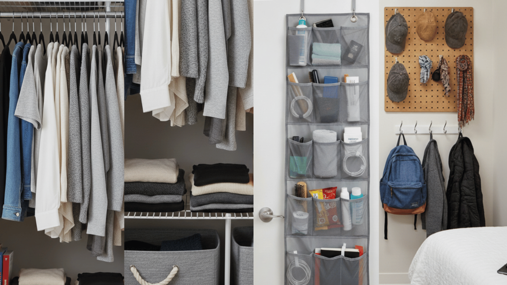 a well-organized closet with slim hangers, door storage, adjustable shelving, hooks, and pegs for efficient use of space and easy access. (2)