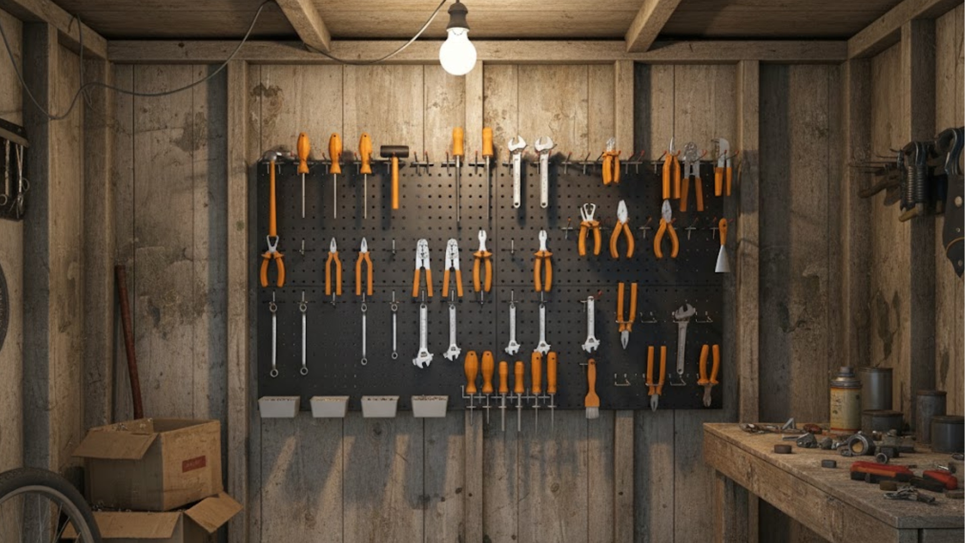 a well organized workshop with tools hanging on a pegboard, boxes, and a wooden workbench with scattered tools