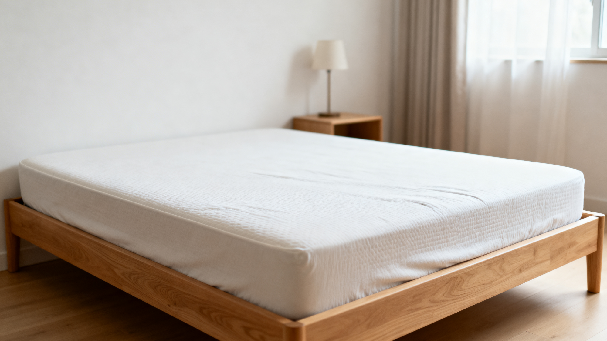 a white mattress on a platform bed