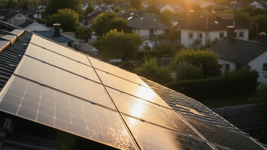 a wide, horizontal view of a clean rooftop solar array glistening with water droplets at sunset, reflecting a warm golden glow from the sun over a suburban neighbourhood.