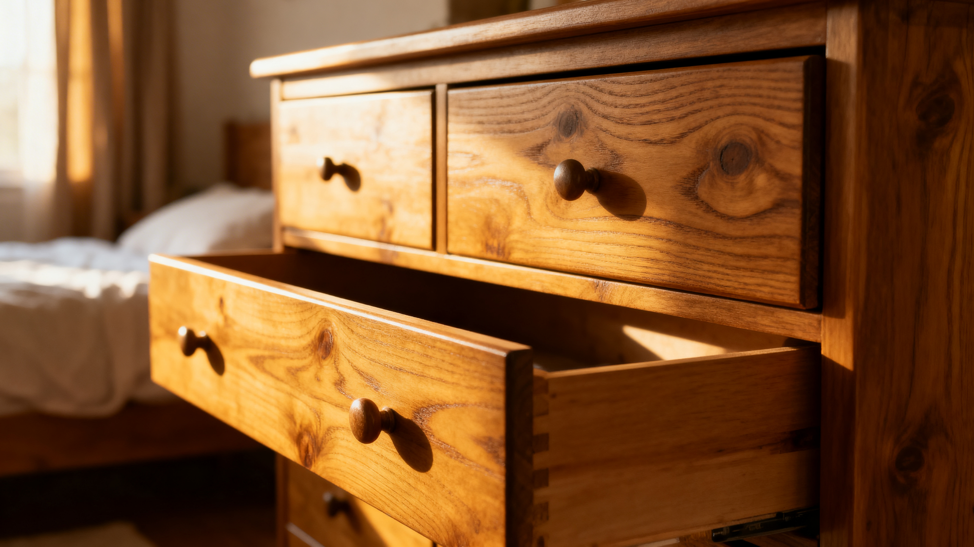 a wooden dresser next to a bed in a bright room