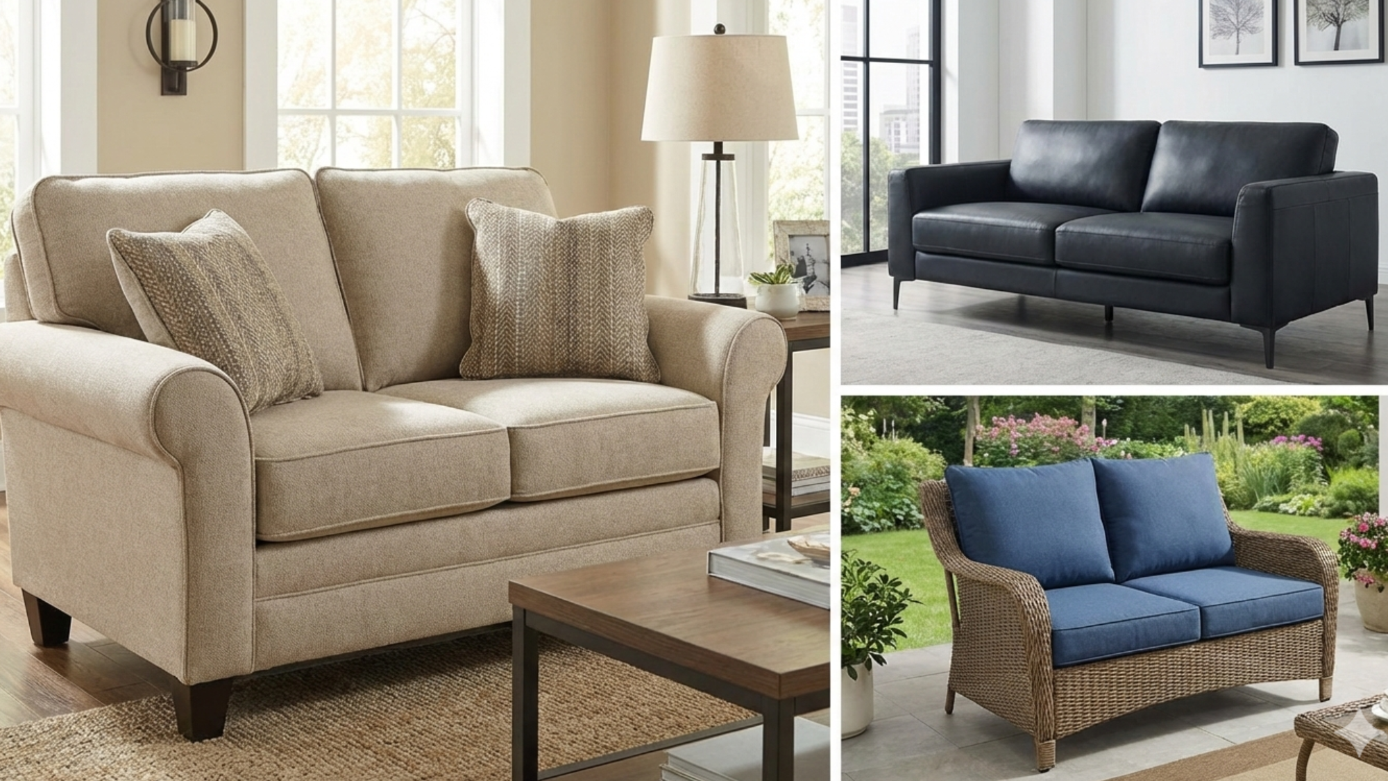 an image showing three different loveseats