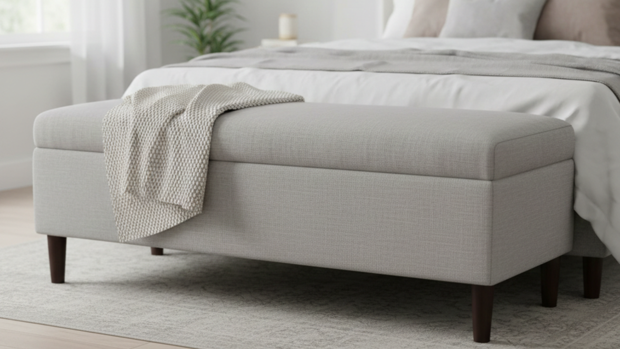 an upholstered bench at foot of bed