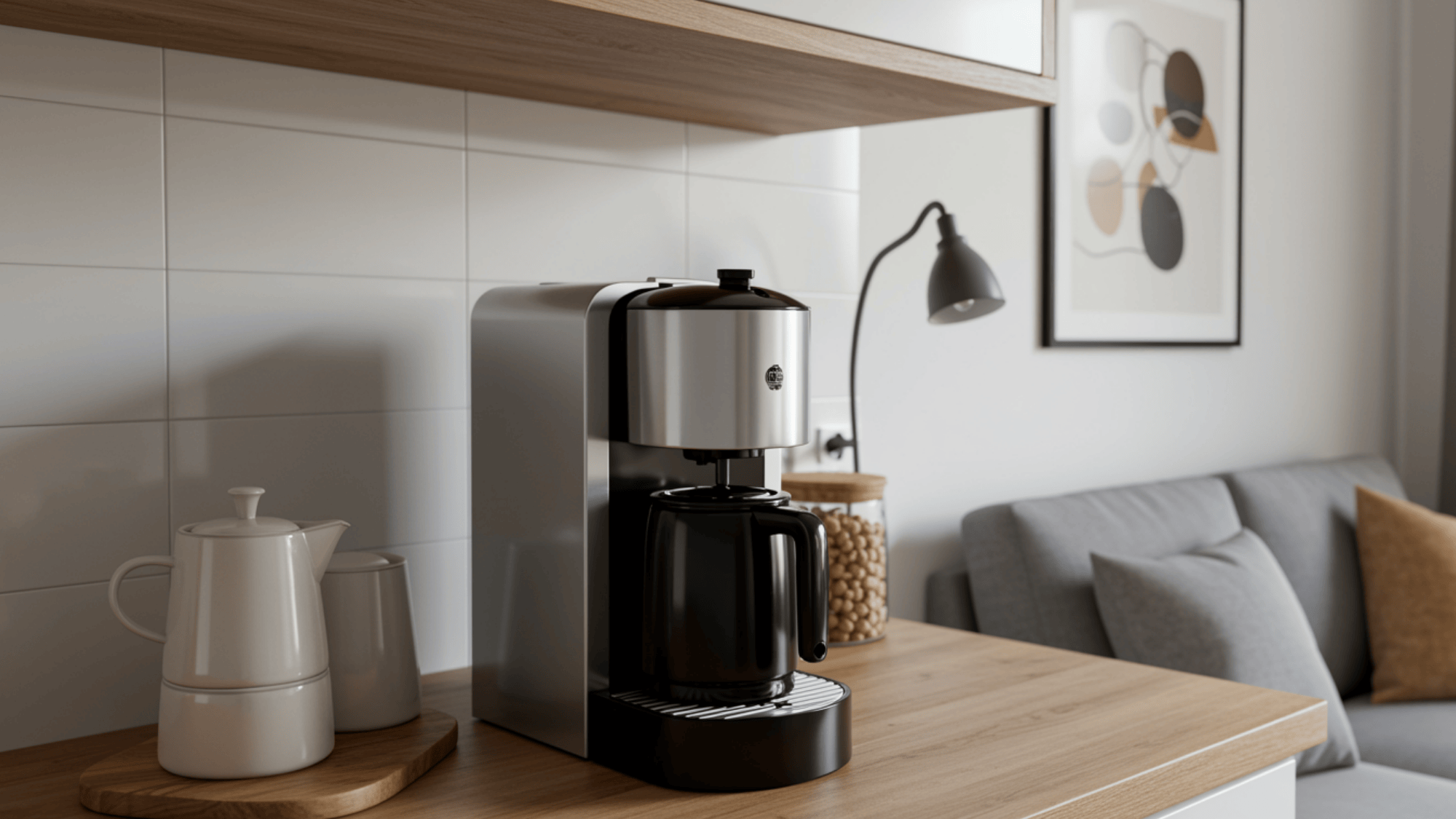 appartment style coffee bar with mason jars and rustic wood tones