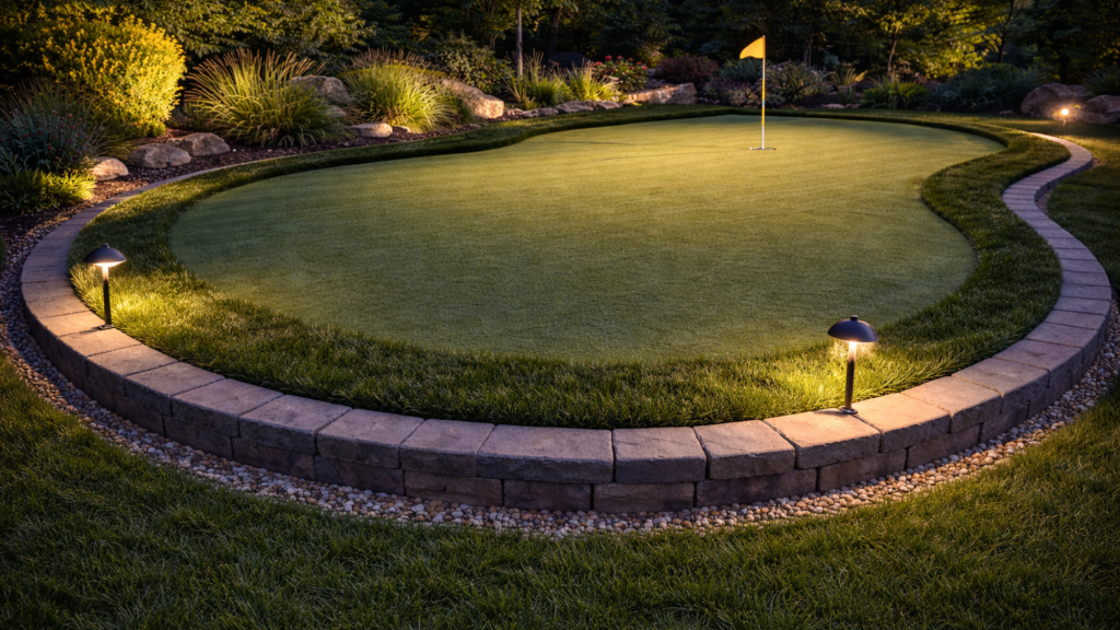 backyard putting green illuminated with landscape lighting for evening golf practice.