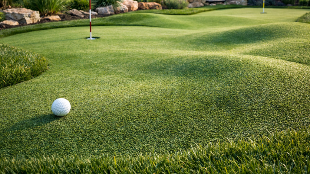 backyard putting green with gentle slopes and subtle curves, featuring a golf ball and flag under natural daylight.