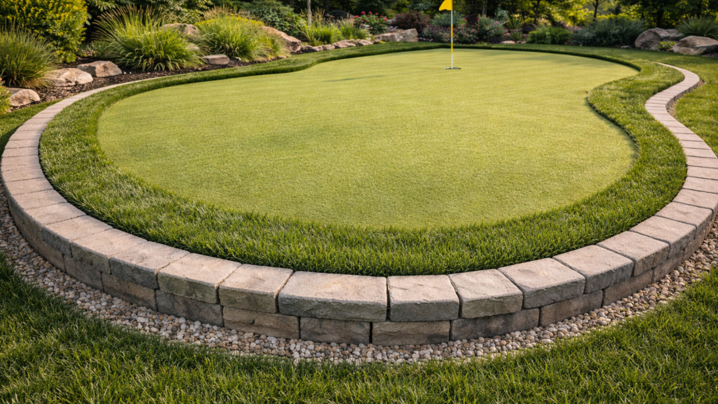 backyard putting green with stone border edging and artificial turf, designed for a clean and professional course-like finish. (1)