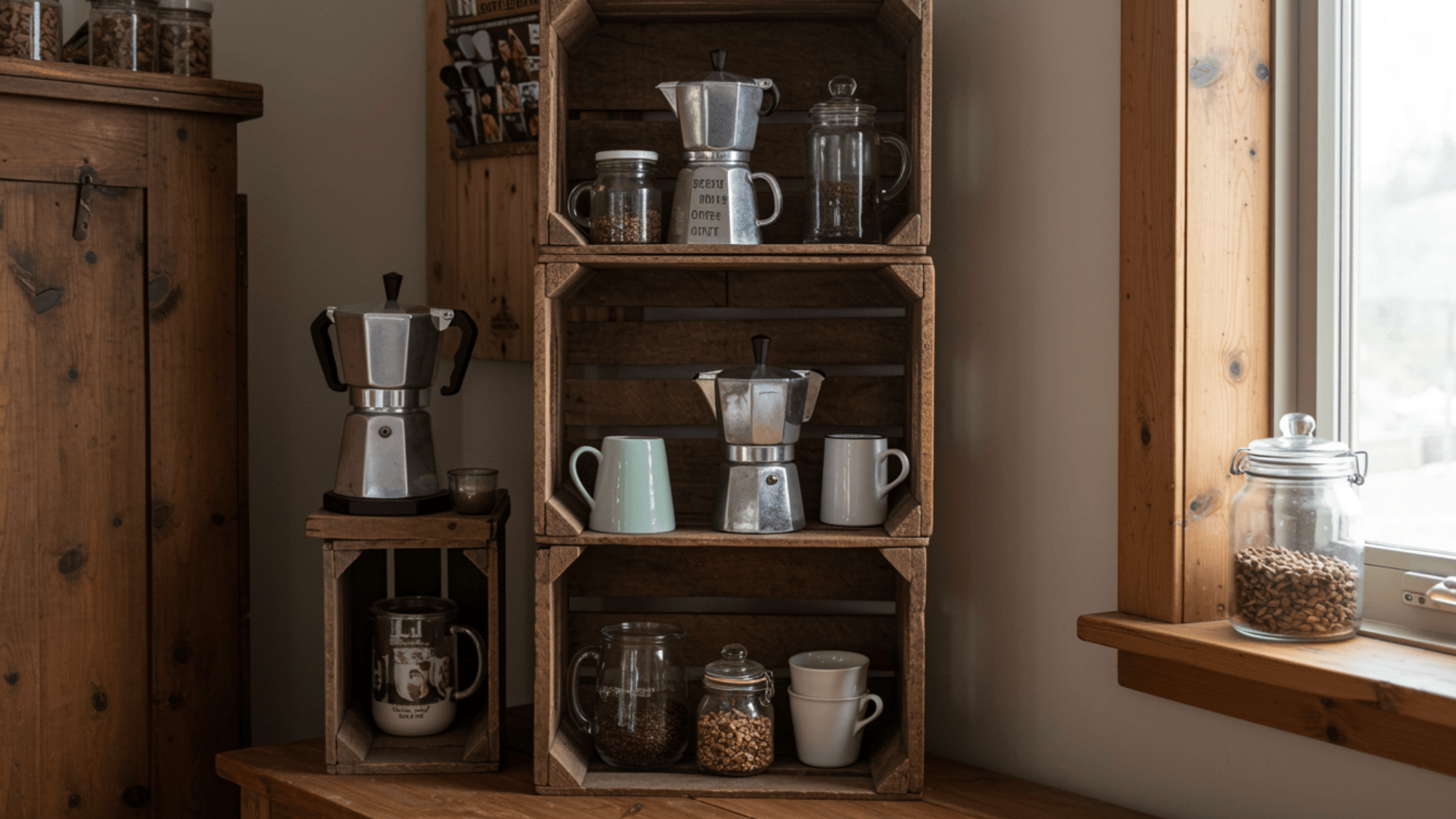 bar cart coffee station with coffee machine and supplies