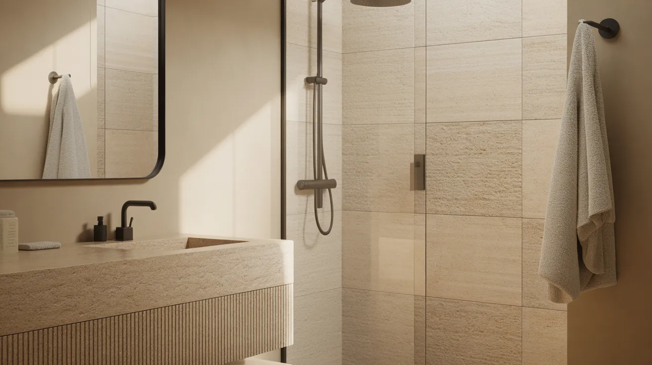 bathroom with stone textures, matte finishes, ribbed details, and soft towels creating depth while keeping a clean look