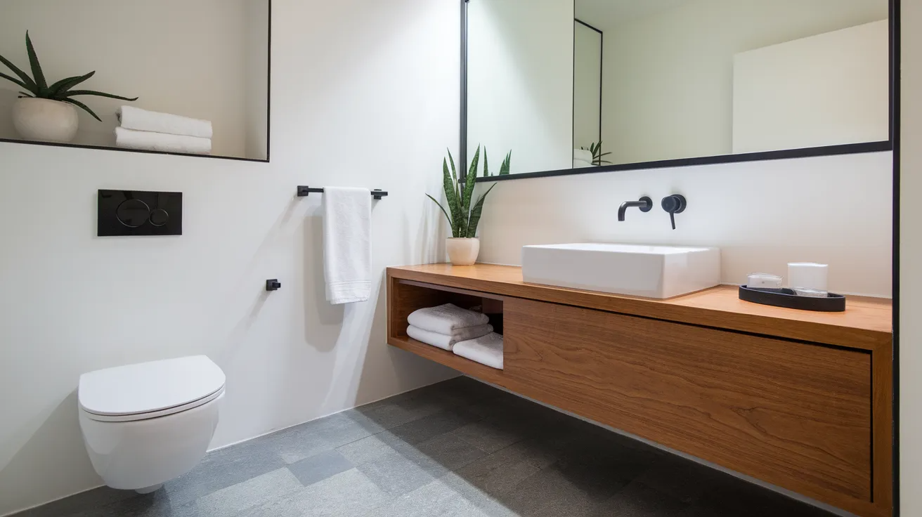 bauhaus bathroom featuring hidden storage cabinets, uncluttered surfaces, and clean modern layout