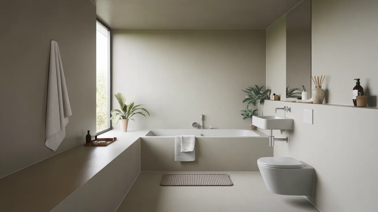 bauhaus bathroom using a calm neutral color scheme with clean surfaces and minimal modern design