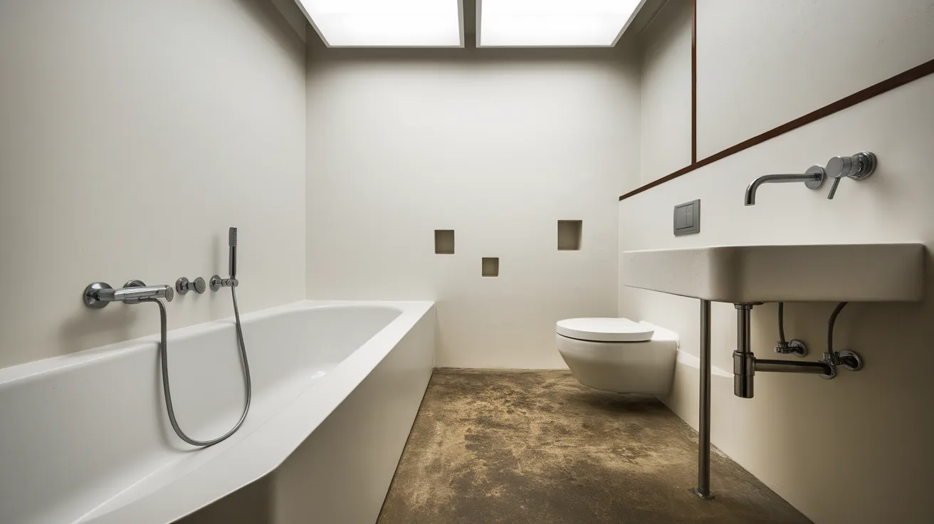 bauhaus bathroom with simple metal hardware, clean lines, durable fixtures, and functional modern design