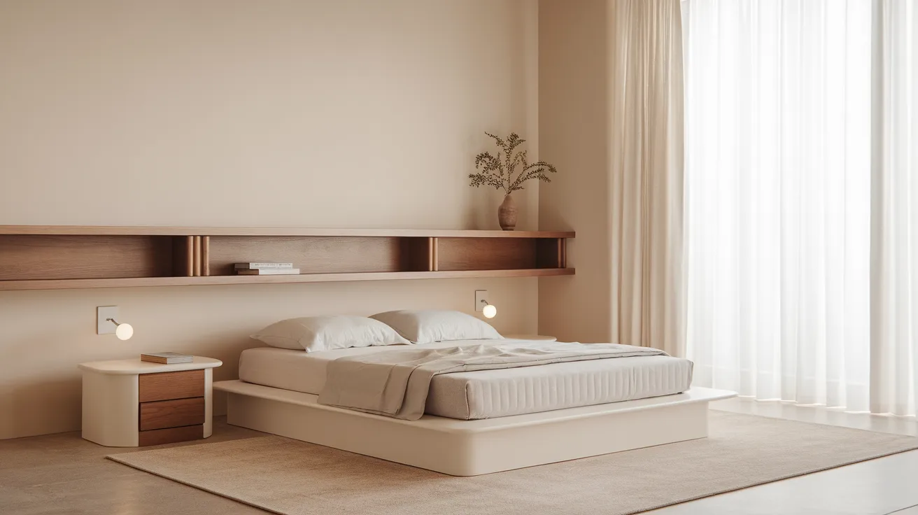 bauhaus bedroom using soft neutral colors, clean lines, minimal decor, and a calm balanced interior