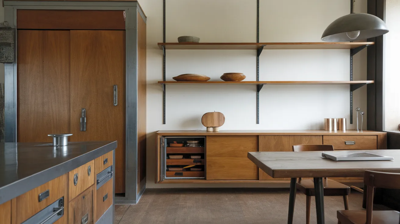 bauhaus kitchen and dining area showing natural wood and metal materials with clean and functional design